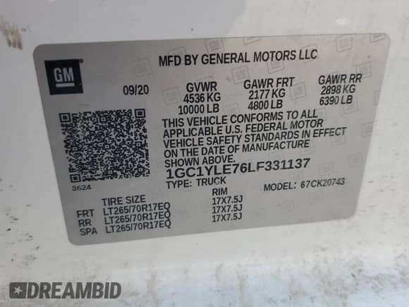 2020 Chevrolet Silverado 2500HD Work Truck z VIN 1GC1YLE76LF331137, wystawiony jako Copart lot #80675365 z przebiegiem 156 126 mil mil oraz Szkoda całkowita • Salvage title. Historia ofert i sprzedaży dostępna na DreamBid. Obrazek 13.