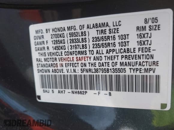 ✅ 2005 Honda Odyssey EX-L • VIN: 5FNRL38795B135505 • Lot: 43860923. Listed on IAAI with 223,573 mi. Free auction sales archive from the USA and detailed vehicle history report at DreamBid. Image 9.