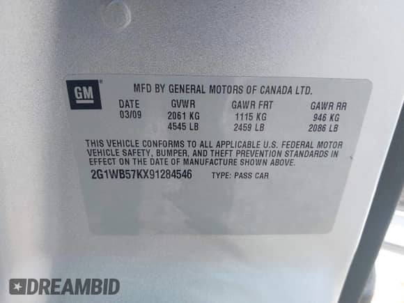 2009 Chevrolet Impala LS z VIN 2G1WB57KX91284546, wystawiony jako IAAI lot #43020374 z przebiegiem 161 178 mil mil oraz . Historia ofert i sprzedaży dostępna na DreamBid. Obrazek 9.