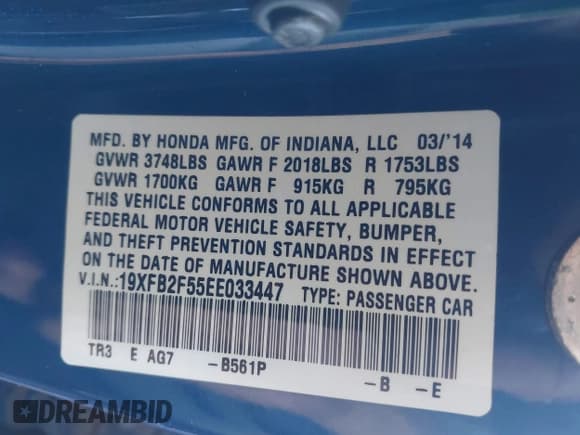 ✅ 2014 Honda Civic LX • VIN: 19XFB2F55EE033447 • Lot: 43552122. Listed on IAAI with 120,293 mi. Free auction sales archive from the USA and detailed vehicle history report at DreamBid. Image 9.