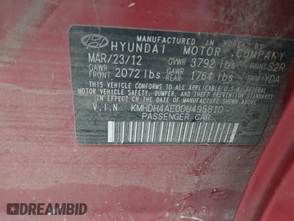 ✅ 2013 Hyundai Elantra GLS • VIN: KMHDH4AE0DU495810 • Lot: 43572371. Listed on IAAI with 83,313 mi. Free auction sales archive from the USA and detailed vehicle history report at DreamBid. Image 9.