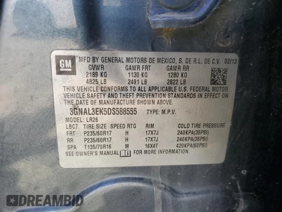 ✅ 2013 Chevrolet Captiva Sport LT • VIN: 3GNAL3EK5DS588555 • Lot: 53386545. Wystawiony na Copart z przebiegiem 160 412 mil. Bezpłatny archiwum sprzedaży aukcyjnych z USA i szczegółowy raport historii pojazdu na DreamBid. Zdjęcie 13.