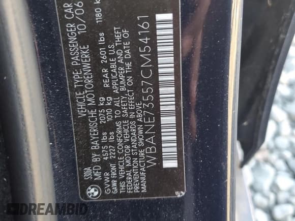 ✅ 2007 BMW 5 Series 530i • VIN: WBANE73557CM54161 • Lot: 90260735. Listed on Copart with Not provided. Free auction sales archive from the USA and detailed vehicle history report at DreamBid. Image 12.