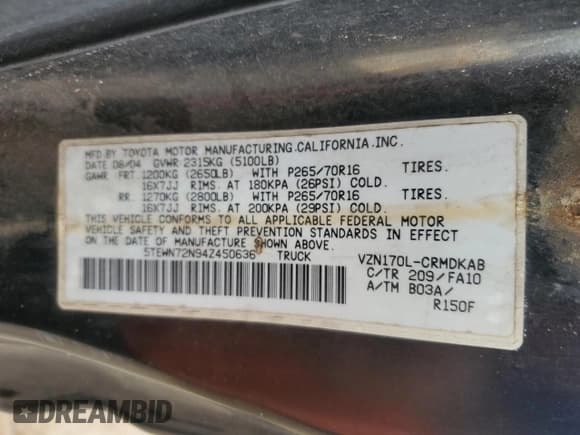 ✅ 2004 Toyota Tacoma • VIN: 5TEWN72N94Z450636 • Lot: 68593815. Listed on Copart with 190,947 mi. Free auction sales archive from the USA and detailed vehicle history report at DreamBid. Image 12.