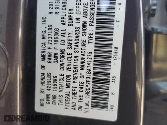 ✅ 2011 Honda Accord LX • VIN: 1HGCP2F31BA141275 • Lot: 80350375. Listed on Copart with 109,348 mi. Free auction sales archive from the USA and detailed vehicle history report at DreamBid. Image 12.