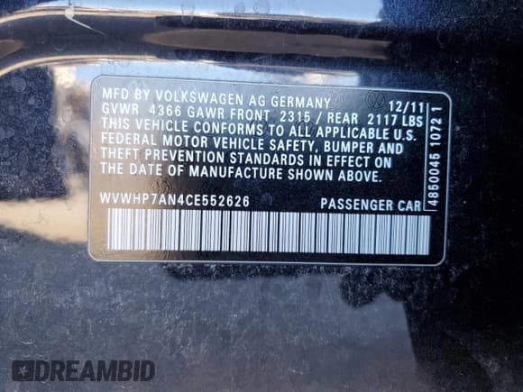 ✅ 2012 Volkswagen CC Lux Plus • VIN: WVWHP7AN4CE552626 • Lot: 89023155. Listed on Copart with 82,592 mi. Free auction sales archive from the USA and detailed vehicle history report at DreamBid. Image 13.