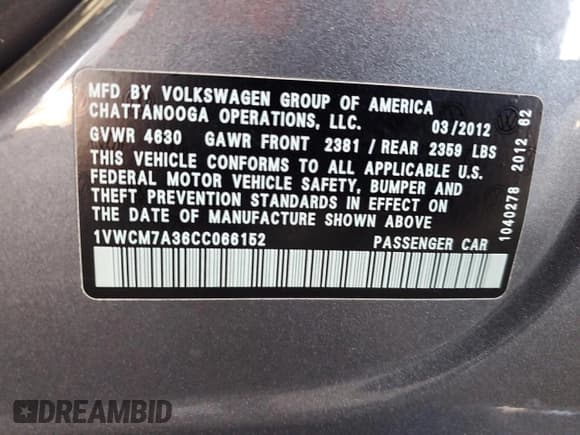 ✅ 2012 Volkswagen Passat SEL Premium • VIN: 1VWCM7A36CC066152 • Lot: 82051895. Listed on Copart with 62,787 mi. Free auction sales archive from the USA and detailed vehicle history report at DreamBid. Image 12.