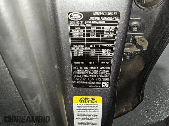 ✅ 2021 Land Rover Range Rover Evoque S • VIN: SALZJ2FX6MH137898 • Lot: 63477715. Listed on Copart with 33,562 mi. Free auction sales archive from the USA and detailed vehicle history report at DreamBid. Image 13.