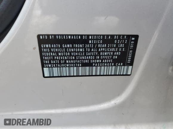 ✅ 2012 Volkswagen Jetta S • VIN: 3VW2K7AJ0CM382788 • Lot: 68590585. Listed on Copart with 139,888 mi. Free auction sales archive from the USA and detailed vehicle history report at DreamBid. Image 12.