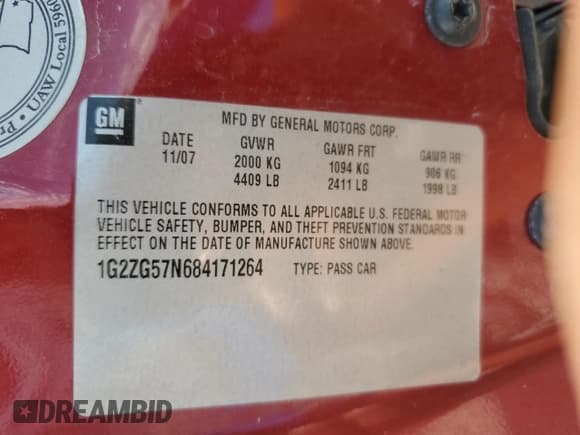 ✅ 2008 Pontiac G6 • VIN: 1G2ZG57N684171264 • Lot: 82197675. Listed on Copart with Not provided. Free auction sales archive from the USA and detailed vehicle history report at DreamBid. Image 12.