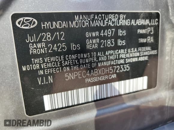 ✅ 2013 Hyundai Sonata SE • VIN: 5NPEC4ABXDH572335 • Lot: 70749614. Listed on Copart with 141,051 mi. Free auction sales archive from the USA and detailed vehicle history report at DreamBid. Image 13.