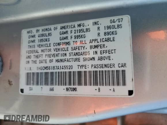 2007 Honda Accord VP with VIN 1HGCM56187A145520, listed as a Copart auction lot 70901455 with 235,095 mi miles and Salvage title. Bid and sale history available at DreamBid. Image 13.