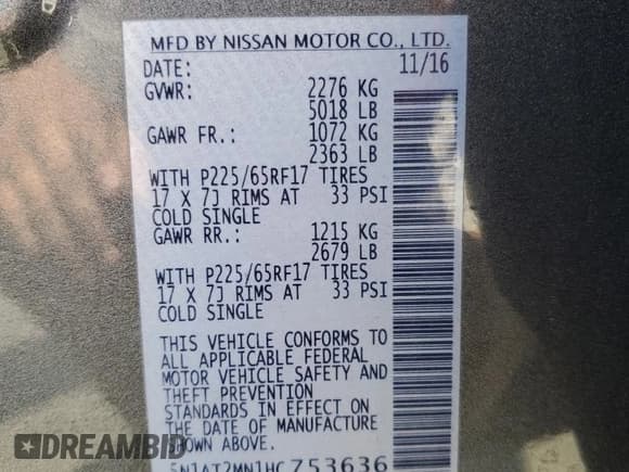 ✅ 2017 Nissan Rogue SV • VIN: 5N1AT2MN1HC753636 • Lot: 64775935. Listed on Copart with 115,792 mi. Free auction sales archive from the USA and detailed vehicle history report at DreamBid. Image 13.