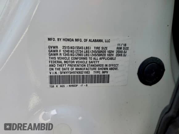 ✅ 2019 Honda Pilot Touring 8-Passenger • VIN: 5FNYF5H97KB021983 • Lot: 96226905. Wystawiony na Copart z przebiegiem 62 259 mil. Bezpłatny archiwum sprzedaży aukcyjnych z USA i szczegółowy raport historii pojazdu na DreamBid. Zdjęcie 13.