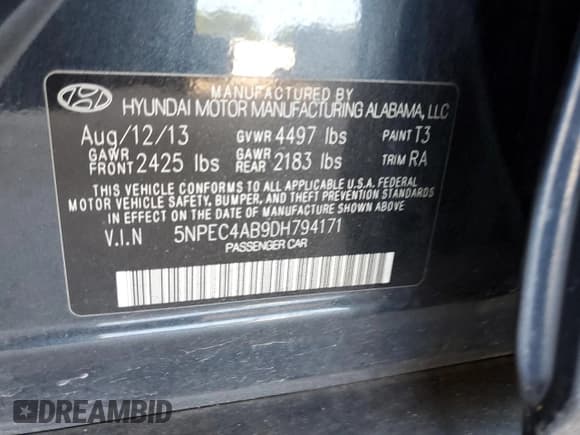 ✅ 2013 Hyundai Sonata SE • VIN: 5NPEC4AB9DH794171 • Lot: 90731365. Listed on Copart with 126,225 mi. Free auction sales archive from the USA and detailed vehicle history report at DreamBid. Image 12.