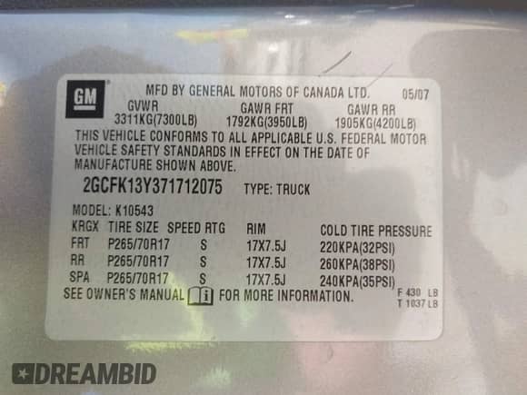 2007 Chevrolet Silverado 1500 LTZ with VIN 2GCFK13Y371712075, listed as a IAAI auction lot 43282513 with 242,495 mi miles and . Bid and sale history available at DreamBid. Image 9.