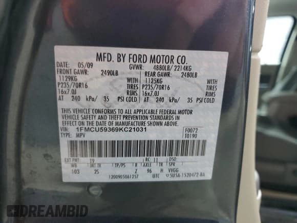 ✅ 2009 Ford Escape Hybrid • VIN: 1FMCU59369KC21031 • Lot: 48251285. Listed on Copart with 164,868 mi. Free auction sales archive from the USA and detailed vehicle history report at DreamBid. Image 13.