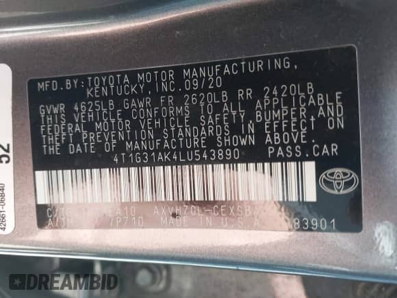 2020 Toyota Camry Hybrid SE с VIN 4T1G31AK4LU543890, выставлен на аукционе IAAI как лот 42829701 с пробегом 93 622 миль миль и . История ставок и продаж доступна на DreamBid. Изображение 9.