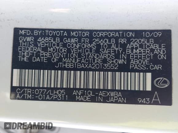 ✅ 2010 Lexus HS 250h Premium • VIN: JTHBB1BAXA2013552 • Lot: 43437174. Wystawiony na IAAI z przebiegiem 165 932 mil. Bezpłatny archiwum sprzedaży aukcyjnych z USA i szczegółowy raport historii pojazdu na DreamBid. Zdjęcie 9.