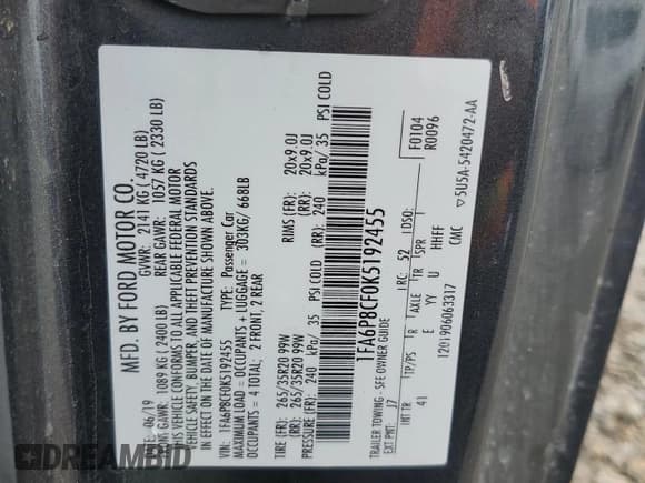 ✅ 2019 Ford Mustang GT Premium • VIN: 1FA6P8CF0K5192455 • Lot: 85334845. Wystawiony na Copart z przebiegiem 51 935 mil. Bezpłatny archiwum sprzedaży aukcyjnych z USA i szczegółowy raport historii pojazdu na DreamBid. Zdjęcie 12.