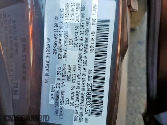 ✅ 2022 Mazda CX-9 Touring • VIN: JM3TCBCY3N0605629 • Лот: 85759715. Опубликован ранее на Copart с пробегом Не указан. Бесплатный доступ к архиву аукционных продаж из США и подробный отчёт об истории автомобиля на DreamBid. Изображение 14.