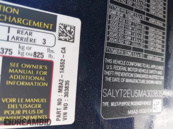 ✅ 2021 Land Rover Range Rover Velar R-Dynamic S • VIN: SALYT2EU5MA303835 • Лот: 43278092. Опубликован ранее на IAAI с пробегом 56 616 миль. Бесплатный доступ к архиву аукционных продаж из США и подробный отчёт об истории автомобиля на DreamBid. Изображение 9.