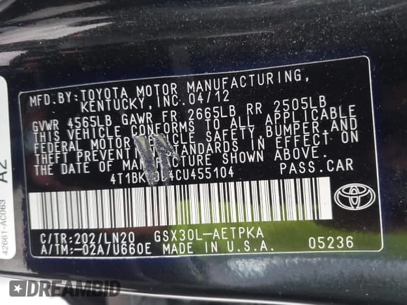 ✅ 2012 Toyota Avalon • VIN: 4T1BK3DB4CU455104 • Lot: 43090897. Listed on IAAI with 99,762 mi. Free auction sales archive from the USA and detailed vehicle history report at DreamBid. Image 9.