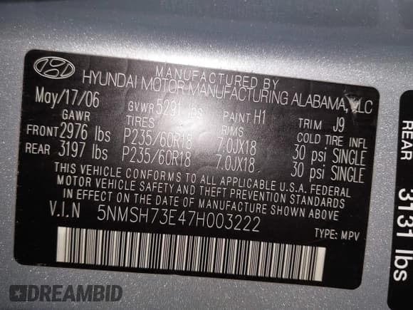 ✅ 2007 Hyundai Santa Fe SE • VIN: 5NMSH73E47H003222 • Lot: 42973181. Listed on IAAI with 151,860 mi. Free auction sales archive from the USA and detailed vehicle history report at DreamBid. Image 9.