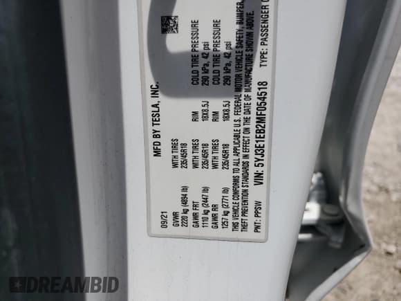 ✅ 2021 Tesla Model 3 Long Range • VIN: 5YJ3E1EB2MF054518 • Lot: 58994065. Wystawiony na Copart z przebiegiem 50 400 mil. Bezpłatny archiwum sprzedaży aukcyjnych z USA i szczegółowy raport historii pojazdu na DreamBid. Zdjęcie 12.