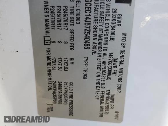 ✅ 2007 Chevrolet Silverado 1500 • VIN: 1GCEC14J57Z540486 • Лот: 84208034. Опубликован ранее на Copart с пробегом 161 137 миль. Бесплатный доступ к архиву аукционных продаж из США и подробный отчёт об истории автомобиля на DreamBid. Изображение 12.