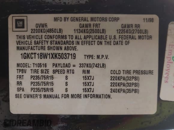 ✅ 1999 GMC Jimmy SLS Comfort/Convenience • VIN: 1GKCT18W1XK503719 • Lot: 41536310. Wystawiony na IAAI z przebiegiem 151 211 mil. Bezpłatny archiwum sprzedaży aukcyjnych z USA i szczegółowy raport historii pojazdu na DreamBid. Zdjęcie 9.