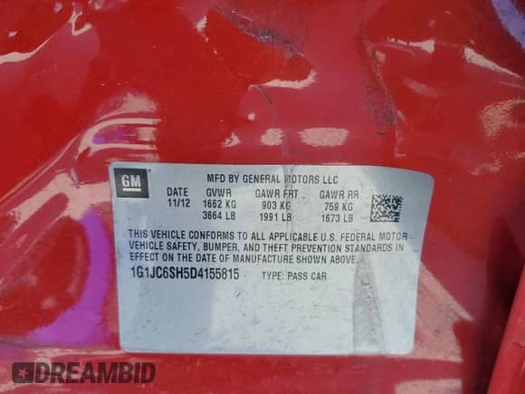 2013 Chevrolet Sonic LT z VIN 1G1JC6SH5D4155815, wystawiony jako Copart lot #69386984 z przebiegiem Nie podano mil oraz Szkoda całkowita • Salvage title. Historia ofert i sprzedaży dostępna na DreamBid. Obrazek 13.