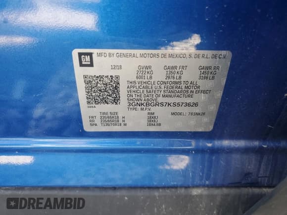 ✅ 2019 Chevrolet Blazer • VIN: 3GNKBGRS7KS573626 • Lot: 70588165. Listed on Copart with 184,521 mi. Free auction sales archive from the USA and detailed vehicle history report at DreamBid. Image 13.