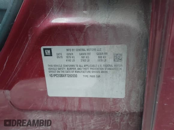 ✅ 2015 Chevrolet Cruze LT • VIN: 1G1PC5SBXF7282030 • Lot: 43548338. Listed on IAAI with 139,252 mi. Free auction sales archive from the USA and detailed vehicle history report at DreamBid. Image 9.