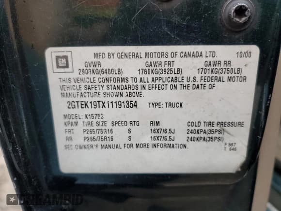 ✅ 2001 GMC Sierra 1500 SLE • VIN: 2GTEK19TX11191354 • Lot: 90355985. Listed on Copart with 149,506 mi. Free auction sales archive from the USA and detailed vehicle history report at DreamBid. Image 12.