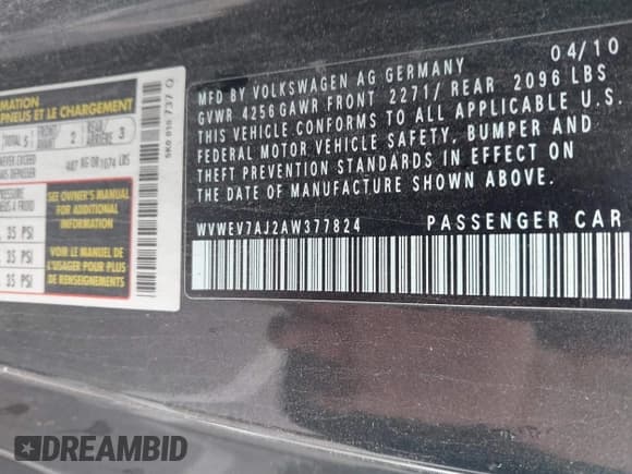 ✅ 2010 Volkswagen Golf GTI • VIN: WVWEV7AJ2AW377824 • Lot: 42618460. Listed on IAAI with 234,910 mi. Free auction sales archive from the USA and detailed vehicle history report at DreamBid. Image 9.