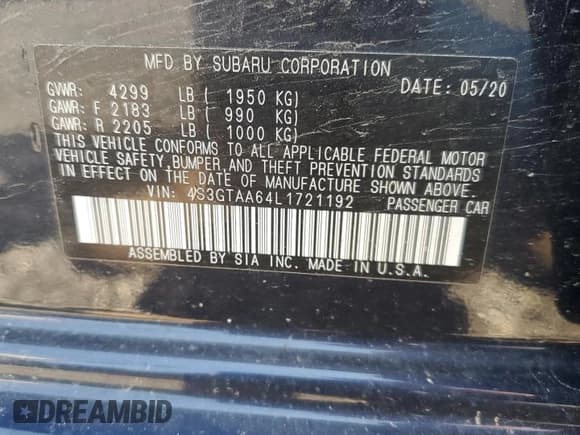 ✅ 2020 Subaru Impreza • VIN: 4S3GTAA64L1721192 • Lot: 64734235. Listed on Copart with 58,772 mi. Free auction sales archive from the USA and detailed vehicle history report at DreamBid. Image 13.