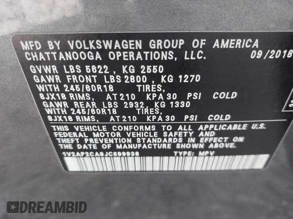 ✅ 2018 Volkswagen Atlas S • VIN: 1V2AP2CA8JC599938 • Lot: 42259607. Listed on IAAI with 22,511 mi. Free auction sales archive from the USA and detailed vehicle history report at DreamBid. Image 9.