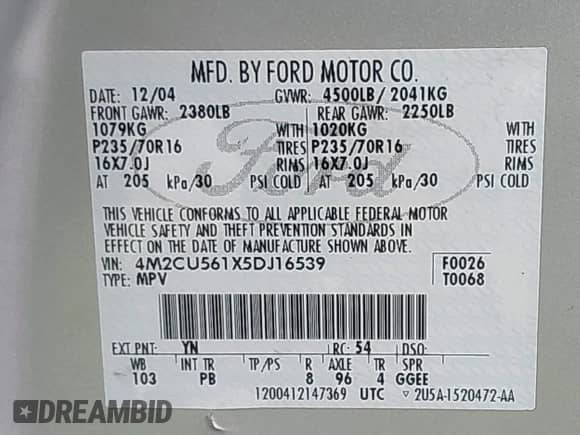 2005 Mercury Mariner Luxury z VIN 4M2CU561X5DJ16539, wystawiony jako IAAI lot #41572981 z przebiegiem 157 461 mil mil oraz . Historia ofert i sprzedaży dostępna na DreamBid. Obrazek 9.