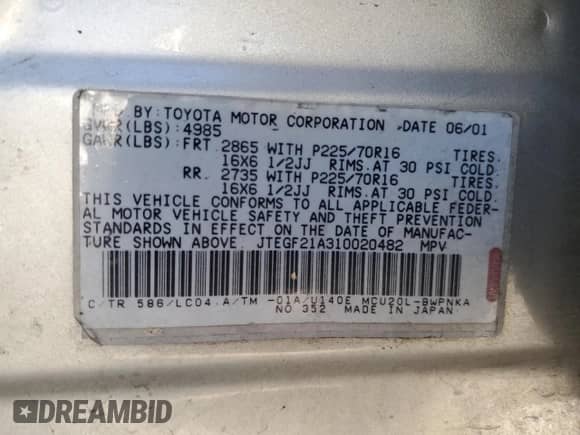 2001 Toyota Highlander с VIN JTEGF21A310020482, выставлен на аукционе Copart как лот 44260765 с пробегом 242 320 миль миль и Списание • Salvage title. История ставок и продаж доступна на DreamBid. Изображение 13.