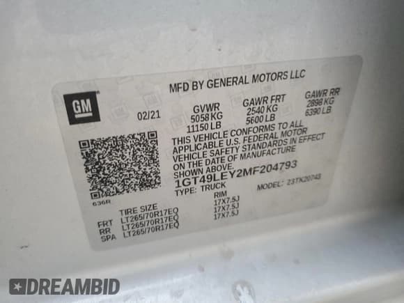 ✅ 2021 GMC Sierra 2500HD • VIN: 1GT49LEY2MF204793 • Lot: 51694255. Listed on Copart with 93,896 mi. Free auction sales archive from the USA and detailed vehicle history report at DreamBid. Image 15.