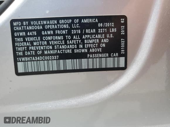 ✅ 2013 Volkswagen Passat SE • VIN: 1VWBH7A34DC002337 • Lot: 64510725. Listed on Copart with 143,150 mi. Free auction sales archive from the USA and detailed vehicle history report at DreamBid. Image 12.