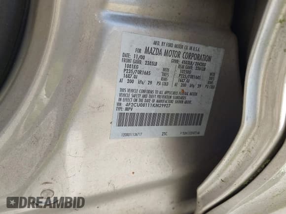 ✅ 2001 Mazda Tribute LX • VIN: 4F2CU08111KM29927 • Лот: 42750632. Опубликован ранее на IAAI с пробегом 206 174 миль. Бесплатный доступ к архиву аукционных продаж из США и подробный отчёт об истории автомобиля на DreamBid. Изображение 9.