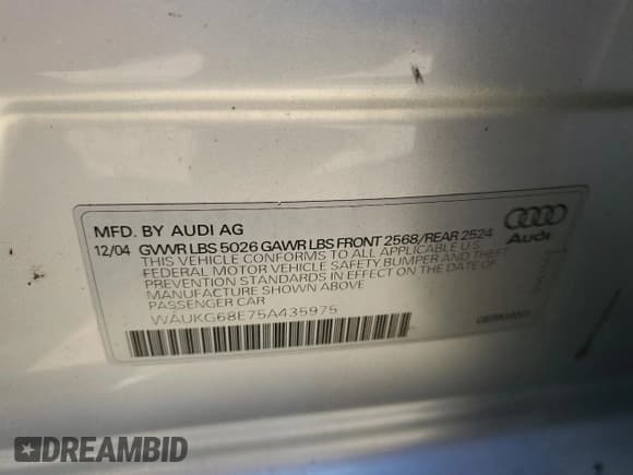 ✅ 2005 Audi A4 • VIN: WAUKG68E75A435975 • Lot: 86988425. Listed on Copart with 68,725 mi. Free auction sales archive from the USA and detailed vehicle history report at DreamBid. Image 12.
