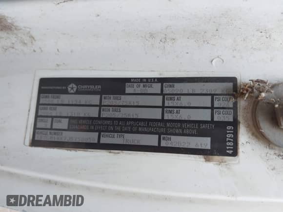 1988 Dodge Dakota with VIN 1B7GN14X7JS758050, listed as a IAAI auction lot 41501338 with 237,061 mi miles and . Bid and sale history available at DreamBid. Image 9.