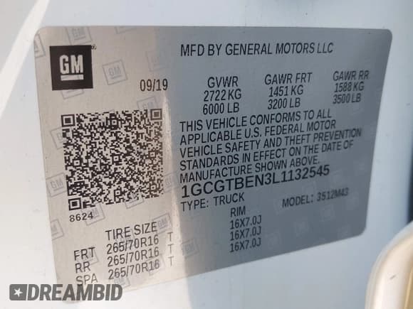 ✅ 2020 Chevrolet Colorado 4WD Work Truck • VIN: 1GCGTBEN3L1132545 • Lot: 42856502. Listed on IAAI with 86,569 mi. Free auction sales archive from the USA and detailed vehicle history report at DreamBid. Image 9.