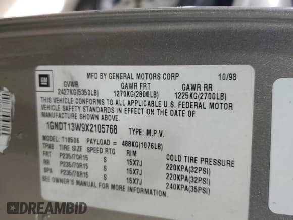 1999 Chevrolet Blazer LS with VIN 1GNDT13W9X2105768, listed as a Copart auction lot 80141174 with 193,804 mi miles and Salvage title. Bid and sale history available at DreamBid. Image 16.