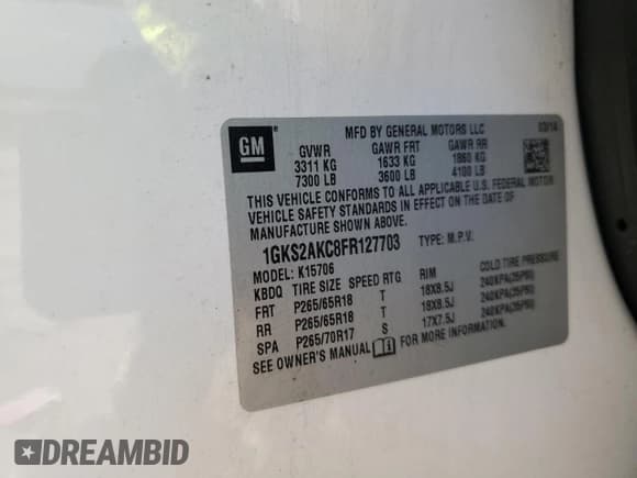 ✅ 2015 GMC Yukon SLE • VIN: 1GKS2AKC8FR127703 • Lot: 90990755. Listed on Copart with 108,905 mi. Free auction sales archive from the USA and detailed vehicle history report at DreamBid. Image 13.