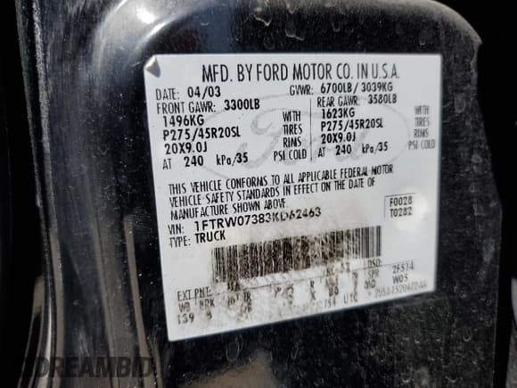 ✅ 2003 Ford F-150 Harley-Davidson • VIN: 1FTRW07383KD62463 • Lot: 49995655. Listed on Copart with 131,683 mi. Free auction sales archive from the USA and detailed vehicle history report at DreamBid. Image 12.