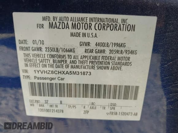 ✅ 2010 Mazda 6 i Touring • VIN: 1YVHZ8CHXA5M31873 • Lot: 43244386. Wystawiony na IAAI z przebiegiem 135 997 mil. Bezpłatny archiwum sprzedaży aukcyjnych z USA i szczegółowy raport historii pojazdu na DreamBid. Zdjęcie 9.